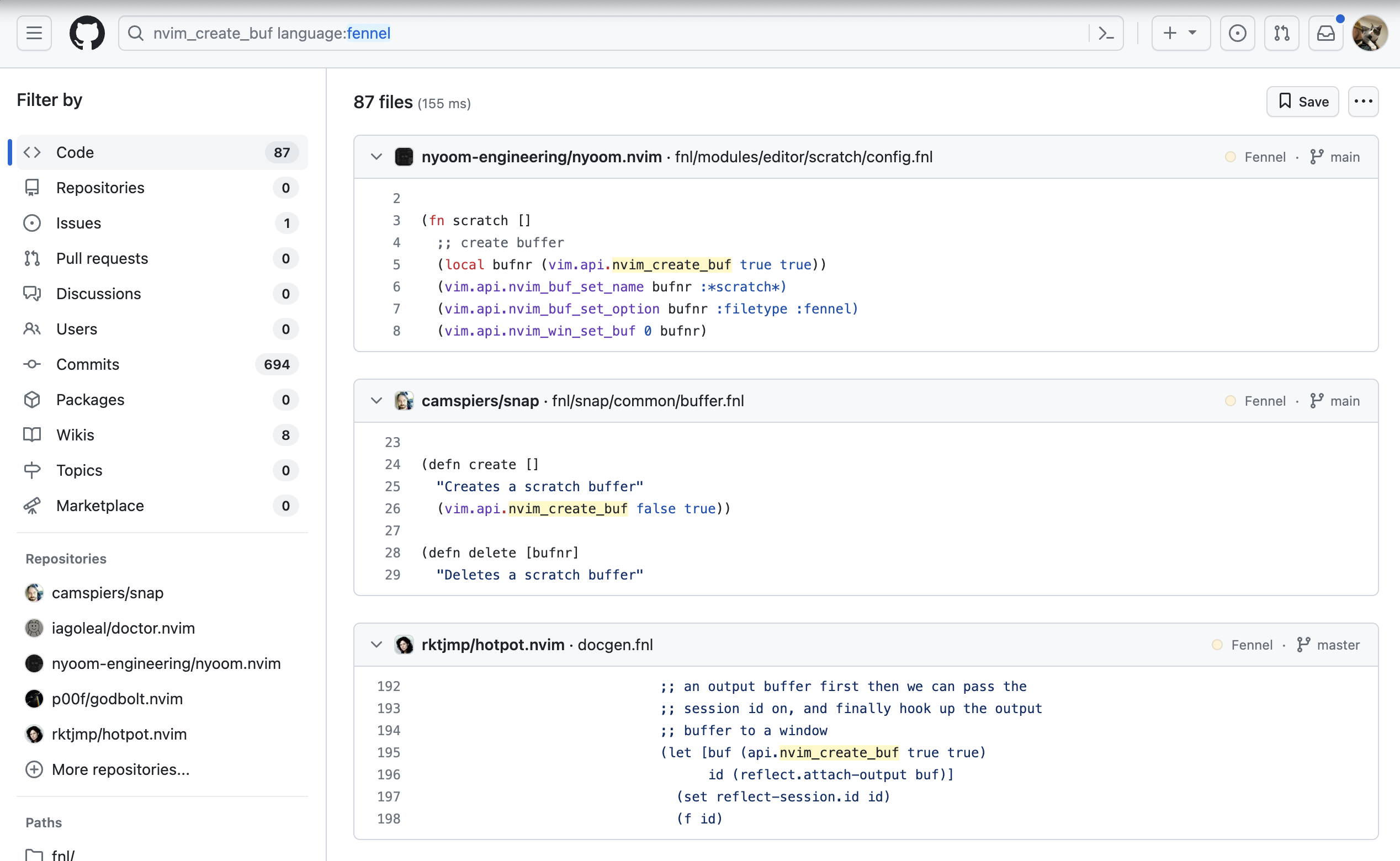 GitHub search results